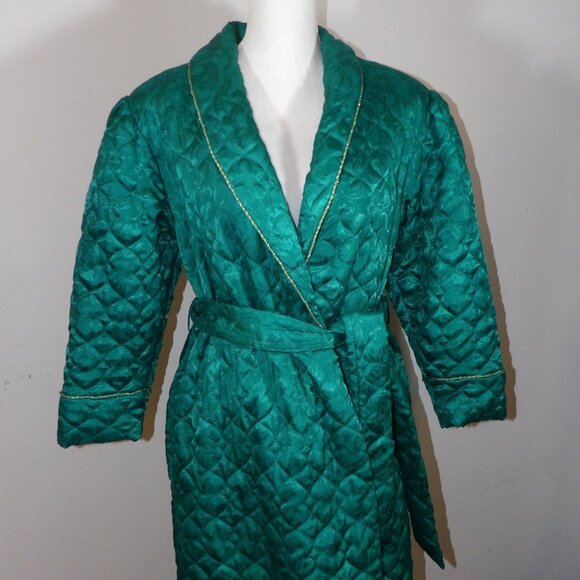 Vintage CHRISTIAN DIOR Women Robe Housecoat Sz S Quilted Emerald Green - Picture 1 of 4